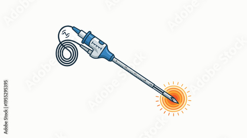 A sterile medical device with a needle tip emitting a warm glow, connected to a coiled wire and handle.