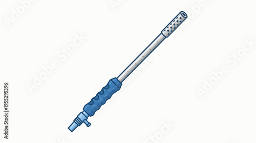 A cartoon illustration of a pressure washer wand with a blue handle and a perforated metal nozzle.