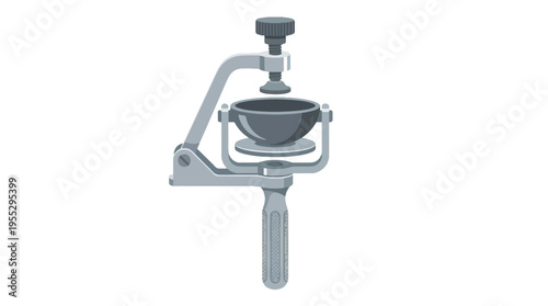 A laboratory tool, likely for grinding or crushing samples, with a rotating bowl and adjustable pestle on a metallic frame with a handle.