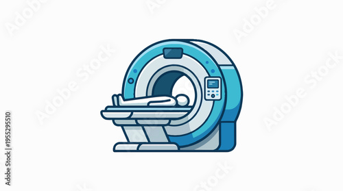 Cartoon illustration of a blue and white medical imaging scanner (MRI or CT) with a patient on the bed, ready for a diagnostic scan. Simple, clean graphic design.