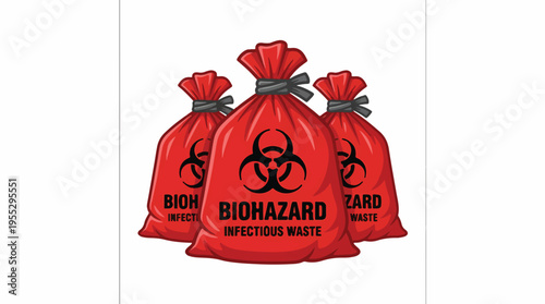 Three red biohazard bags with infectious waste labels and biohazard symbols, symbolizing medical waste disposal.