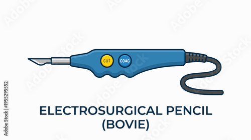 A blue electrosurgical pencil with yellow CUT and blue COAG buttons, connected to a black cable.