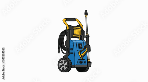 A blue and yellow pressure washer with a hose reel and spray wand stands on wheels against a white background.