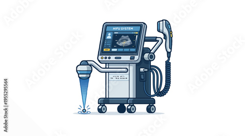 A cartoon illustration of a High-Intensity Focused Ultrasound (HIFU) system, showing the console with a screen displaying an ultrasound image, and a hand-held probe emitting a focused beam.
