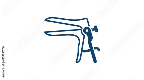 A blue line art icon of an open medical speculum on a white background, representing gynecology, women's health, and medical tools.