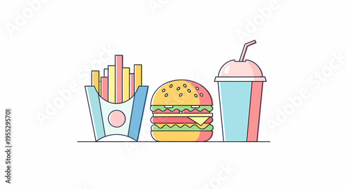 Minimalist cartoon illustration of a fast food meal featuring french fries, a hamburger, and a soda drink with pastel colors and outlines.
