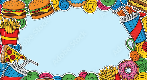 Colorful fast food frame with burgers, fries, pizza, donuts, and drinks surrounding a light blue blank space.