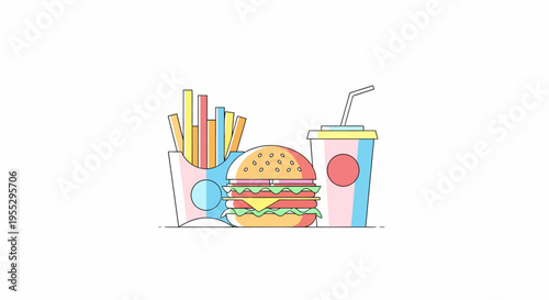 Minimalist flat design illustration of a classic fast food meal with a cheeseburger, french fries, and a soda drink in pastel colors.