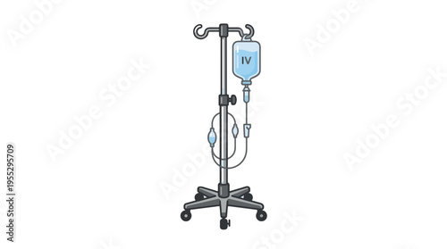 A cartoon illustration of an IV drip stand with a bag of fluid labeled IV hanging from it, connected to tubing and drip chambers.
