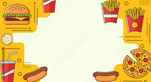 A vibrant flat design illustration of a fast food border with burgers, fries, hot dogs, pizza, and soda cups on a yellow background.