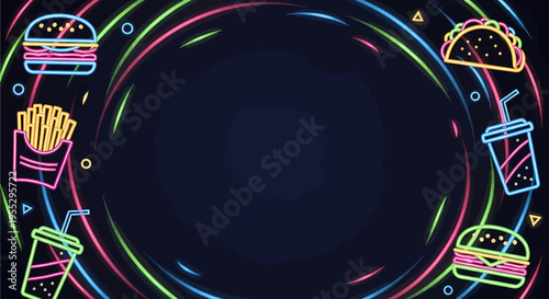 Neon fast food background with burgers, fries, tacos, and drinks in a vibrant retro-futuristic design.