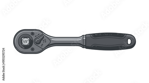 A chrome-plated ratchet wrench with a black rubber handle and a directional switch for tightening or loosening.
