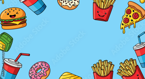 Cute cartoon fast food items like burgers, fries, pizza, donuts, and soda cups framing a light blue background.