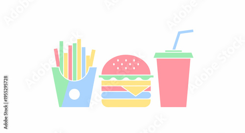 Minimalist pastel illustration of fast food items including french fries, a hamburger, and a soda drink on a white background.