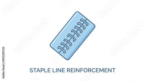 A light blue rectangular staple line reinforcement illustration, showing multiple staples securing it, commonly used in surgical procedures for tissue support.