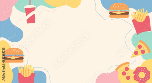 Colorful fast food border design with burgers, fries, pizza, soda, and donut on a pastel background, perfect for menus or promotions.