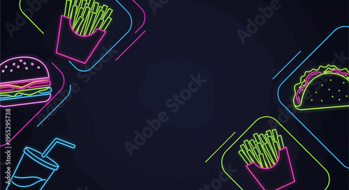 Neon glowing fast food items like burger, fries, taco, and drink on a dark background, illustrating a retro diner or takeaway theme.