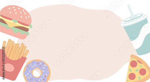 Flat lay illustration of various popular fast food items like burger, fries, donut, pizza, and soda on a light background with copy space.