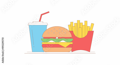 An illustration of a classic fast food meal featuring a cheeseburger, french fries in a red carton, and a soda drink with a straw.