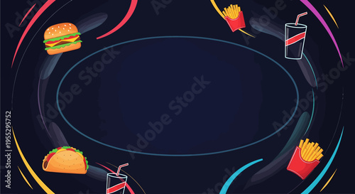 Vibrant fast food background with a variety of popular items like burgers, fries, tacos, and soda, framed by colorful abstract swirls on a dark blue backdrop.