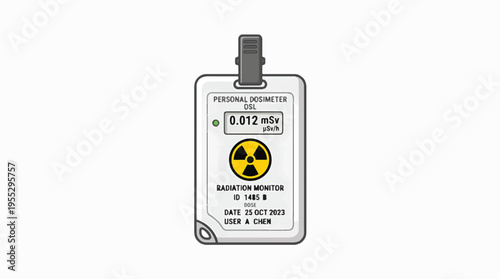 A personal dosimeter badge displays a radiation reading of 0.012 mSv, indicating low exposure. It's clipped and has user information.