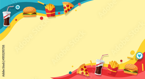 Vibrant yellow background with colorful wavy borders adorned with illustrations of fast food items like burgers, fries, pizza, and soda drinks, perfect for menus or promotions.
