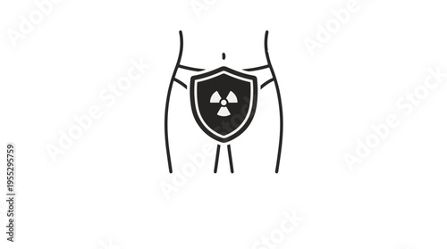 A shield with a radiation symbol superimposed on it, protecting a person's lower body. Indicates radiation protection for reproductive organs.