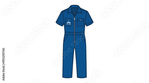 Blue short-sleeved mechanic's jumpsuit with a zipper and two chest pockets featuring a logo.