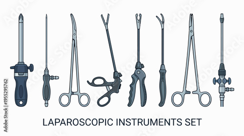 A collection of surgical instruments, including forceps, scissors, a trocar, and other tools, displayed against a white background.