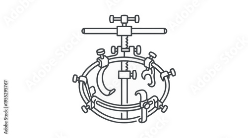 A line drawing of a stereotactic frame, a medical device used for precisely locating points in the brain.