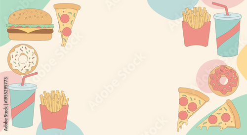 A pastel-colored background with a border of various cartoon fast food items including burgers, pizza, fries, donuts, and soda cups, creating a playful frame.