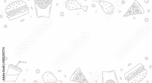 Outline fast food items border on white background, featuring burgers, fries, pizza, chicken, soda, and sandwiches in a doodle style.