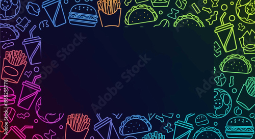 Colorful neon outline fast food pattern frame on a dark background, featuring burgers, fries, tacos, and drinks.