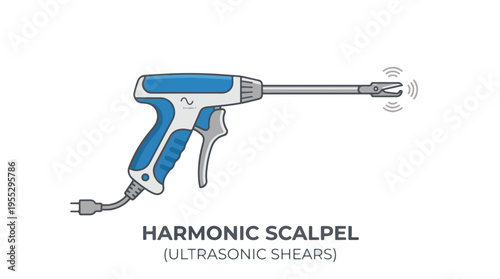 Illustration of a harmonic scalpel, also known as ultrasonic shears, a surgical instrument that uses ultrasonic vibrations to cut and coagulate tissue.