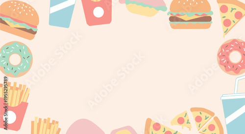 A pastel-colored illustration of various fast food items forming a decorative border around a blank, light peach background.