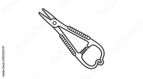 Line art illustration of fishing pliers with long, serrated jaws and textured handles. Ideal for hook removal or manipulating fishing tackle.