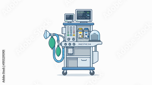 A clean, stylized vector illustration of a modern anesthesia machine in blue and grey, featuring vital signs monitors, gas flow meters, and a breathing circuit with two green bags.