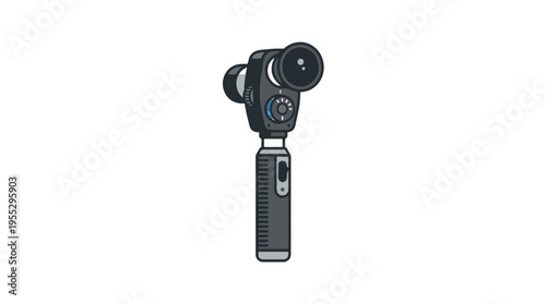 A digital illustration of an otoscope on a white background. It has a black handle with a ribbed grip and a silver switch. The head of the device is gray with a large lens.