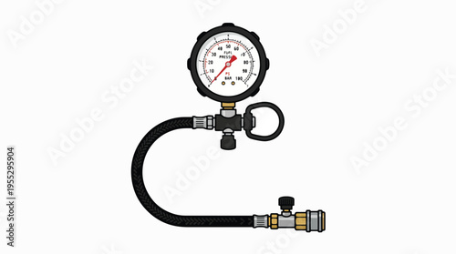 A pressure gauge with a flexible hose and a nozzle for testing fluid or gas pressure.