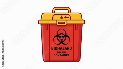 Red biohazard sharps container with yellow lid. Features a biohazard symbol and text indicating BIOHAZARD SHARPS CONTAINER.