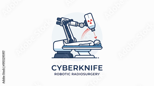 Robotic arm with CyberKnife logo performs radiosurgery on a patient lying on a table, symbolizing advanced medical treatment.