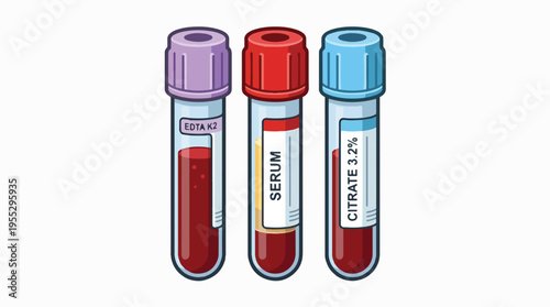 Three blood collection tubes, each with a different colored cap and label indicating its contents: EDTA, serum, and citrate.