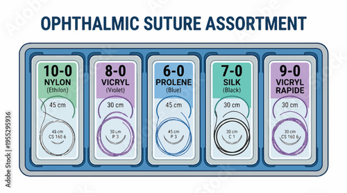 A sterile tray holds five individually packaged ophthalmic sutures, each displaying suture size, material, length, and needle type.