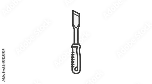Minimalist line art icon of a woodworking chisel with an angled blade and a textured handle, centered on a white background.