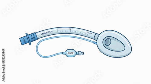 An illustration of a Laryngeal Mask Airway (LMA) medical device, featuring a curved tube, an inflatable elliptical cuff, and an inflation line with a pilot balloon valve. It's labeled 'LMA S