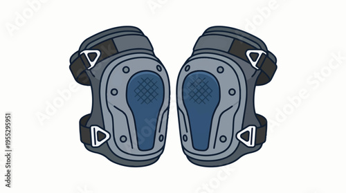 A pair of gray and blue padded knee pads with adjustable straps, isolated on a white background.