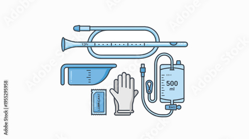 Medical illustration of a catheterization kit, including a catheter, measuring cup, lubricant, glove, and drainage bag.