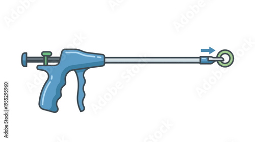 A cartoon illustration of a surgical stapler, a medical instrument with a pistol-like grip and a long shaft ending in a loop, indicating a stapling action.