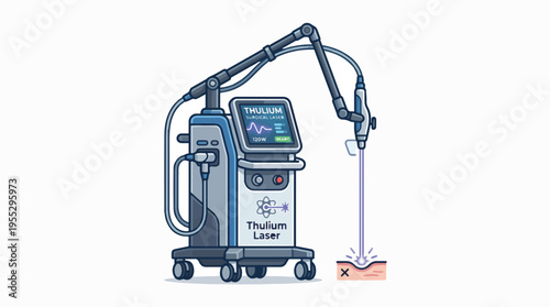 A Thulium Surgical Laser device with an articulated arm, targeting a small cross-marked area on a skin surface, emitting a purple laser beam.