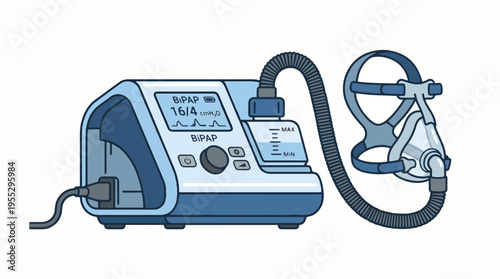 A BiPAP machine with a mask and tubing, indicating a respiratory therapy device for sleep apnea or other breathing disorders.